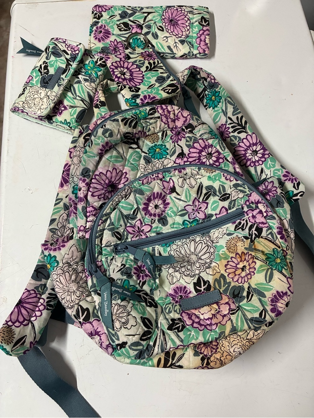 Vera Bradley Floral Quilted Backpack in Purple, Teal & Cream